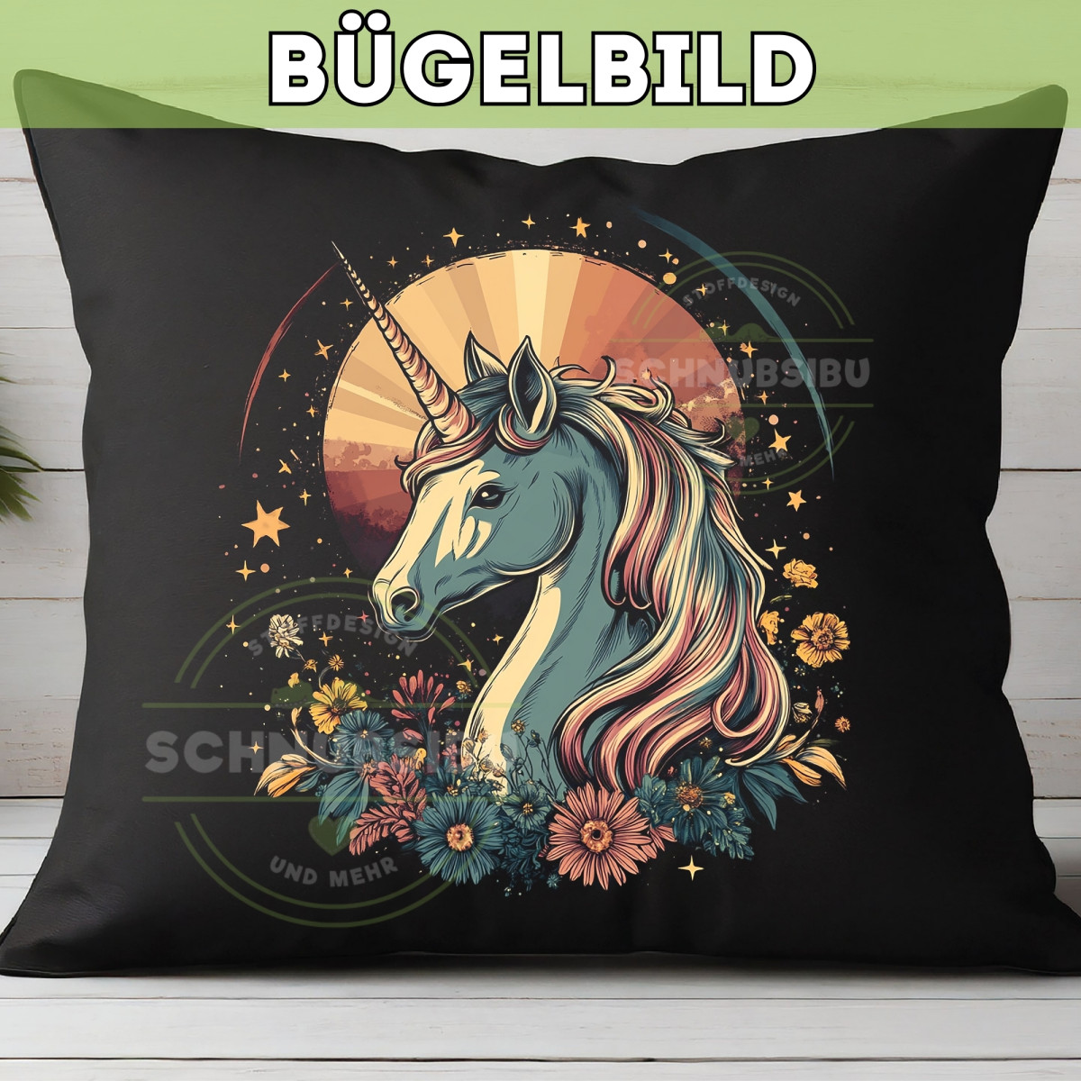Bügelbild Blumen-Einhorn
